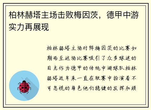 柏林赫塔主场击败梅因茨，德甲中游实力再展现