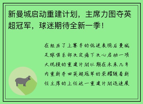 新曼城启动重建计划，主席力图夺英超冠军，球迷期待全新一季！