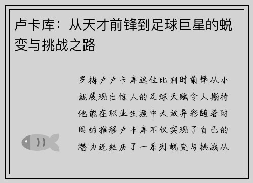 卢卡库：从天才前锋到足球巨星的蜕变与挑战之路