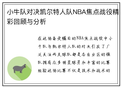 小牛队对决凯尔特人队NBA焦点战役精彩回顾与分析