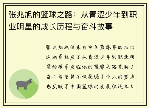 张兆旭的篮球之路：从青涩少年到职业明星的成长历程与奋斗故事