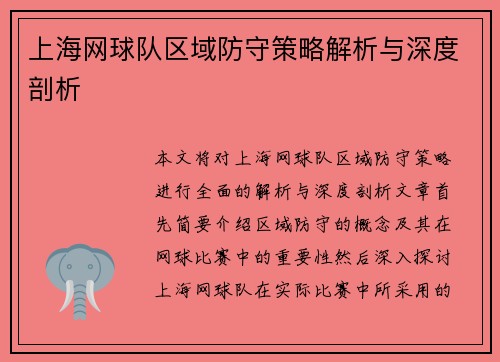上海网球队区域防守策略解析与深度剖析